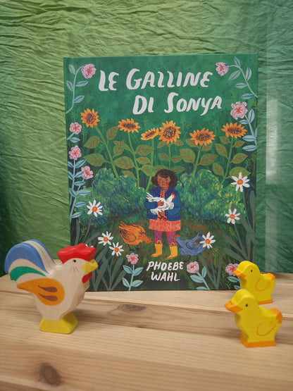 Kit libro Le galline di Sonya + 3 personaggi in legno Holztiger
